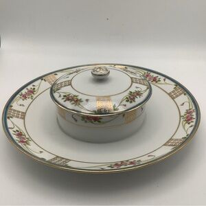 Antique Nippon Hand Painted Serving Plate with Attached Dish and Lid